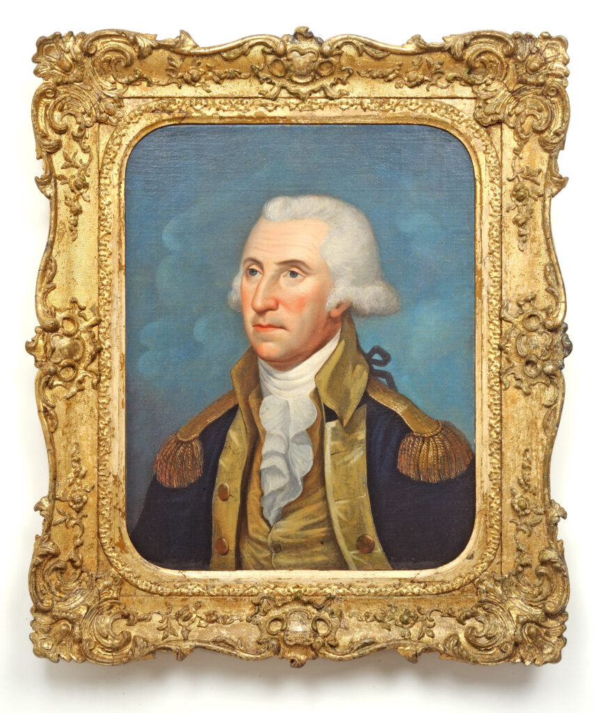 Oil portrait of George Washington in military uniform in a gilded frame