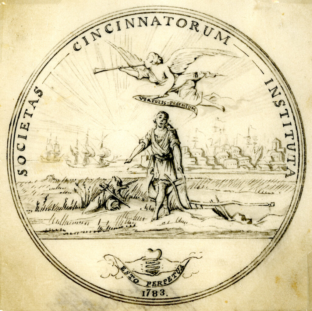 Pierre L'Enfant's drawing of the Society of the Cincinnati medal depicting Cincinnatus