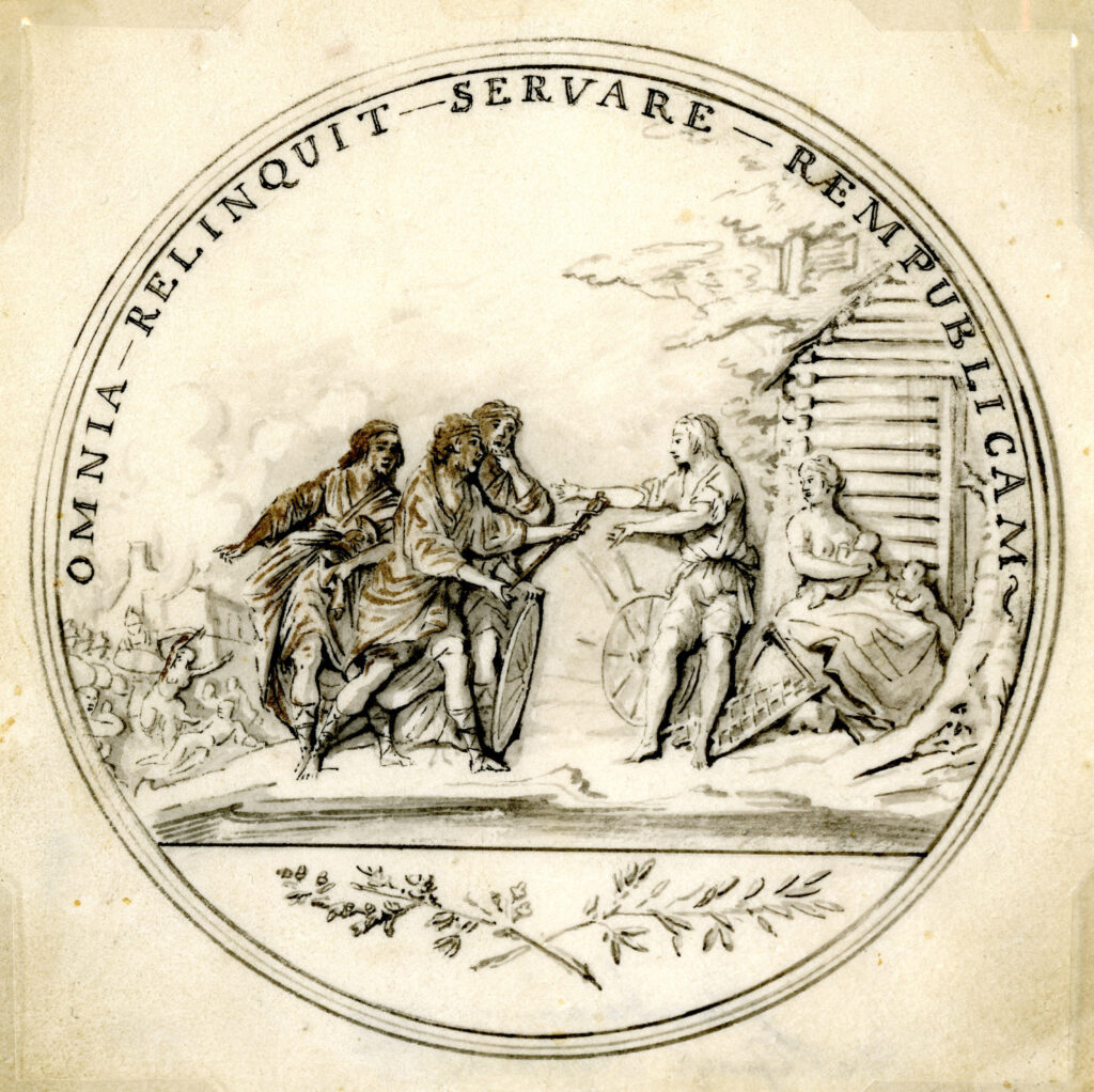 Pierre L'Enfant's drawing of the Society of the Cincinnati medal depicting Cincinnatus