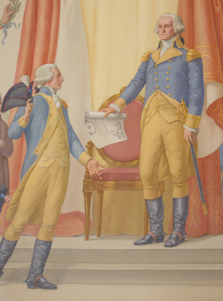 An image of George Washington, the marquis de Lafayette, and the diploma of the Society of the Cincinnati