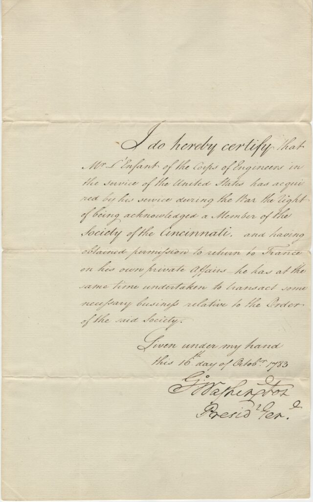 Click for a larger view. Pierre L'Enfant's membership certificate signed by George Washington