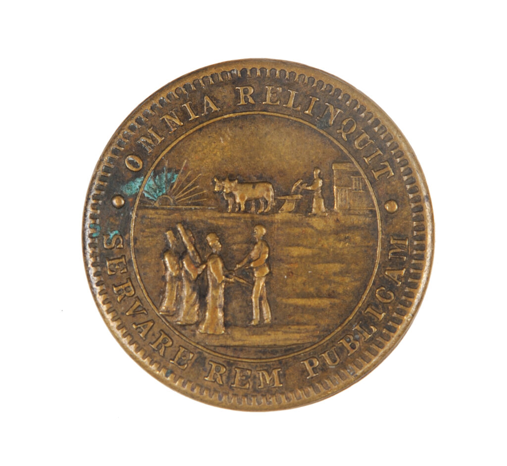 Click for a larger view. Circular bronze medal picturing Cincinnatus with Roman senators on his farm