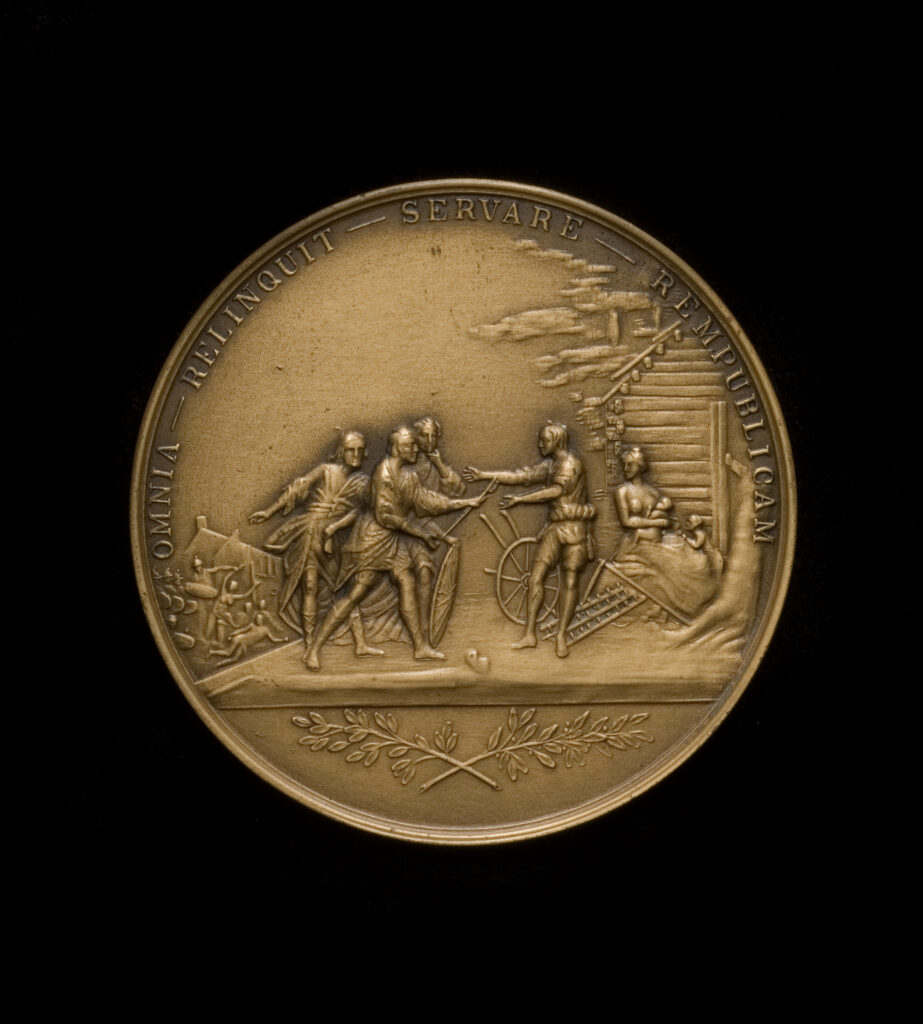 Click for a larger view. Circular bronze medal picturing Cincinnatus accepting a sword from Roman senators